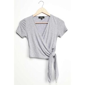 Lulus Try Me Out Heather Grey Ribbed Short Sleeve Cropped V-Neck Wrap Top Medium